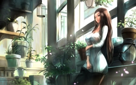 Brown Haired Girl - plants, anime, girl, brown haired