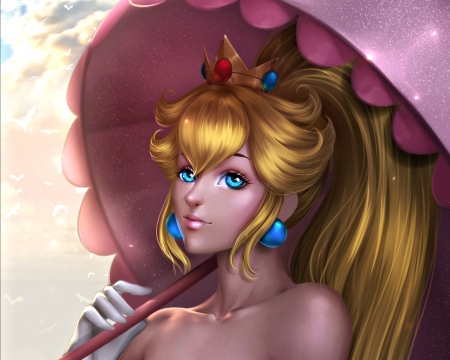 Princess Peach - girl, fantasy, art, umbrella, pink, blue, princess peach, chubymi, blonde