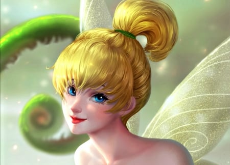 Tinker Bell - cute, blonde, yellow, girl, art, wings, fantasy, tinker bell, chubymi, fairy, green