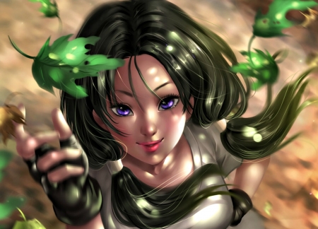 Videl - videl, anime, girl, art, fantasy, leaf, chubymi, autumn, green