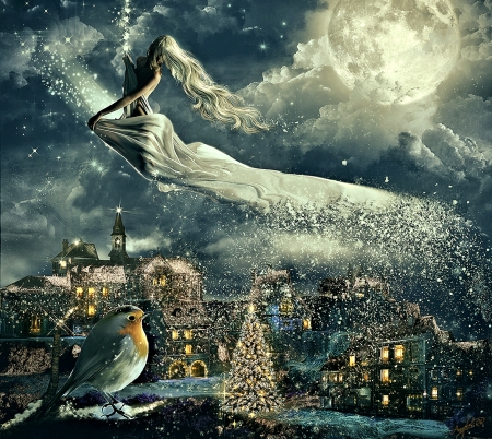 Winter Fantasy - Winter, Woman, Snow, Bird