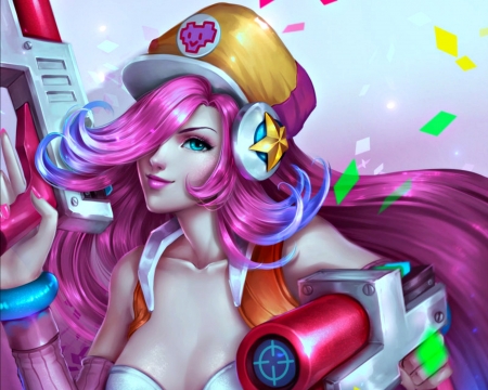 Miss Fortune - woman, gun, girl, colorful, fantasy, miss fortune, game, yellow, pink, league of legends, chubymi