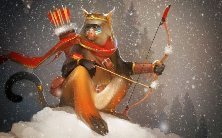 Monkey King - monkey king, year, winter, fantasy, archer, white, art, red, animal, arrow