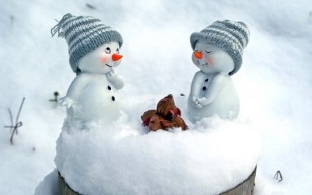 For you! - hat, white, snowman, winter, blue, figurine, snow