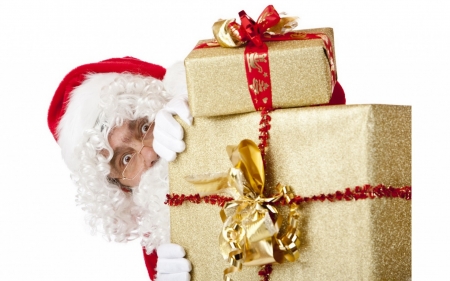 Surprise! - old man, christmas, santa, white, craciun, red, gift, golden, bow