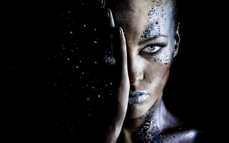 Yin Yang - blue, girl, black, make-up, yin yang, woman, glitter, model, face