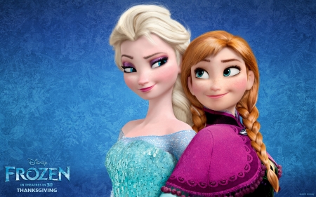 Elsa and Anna - blue, girl, blonde, pink, snow queen, fantasy, frozen, anna, redhead, sister, movie, princess, couple, disney