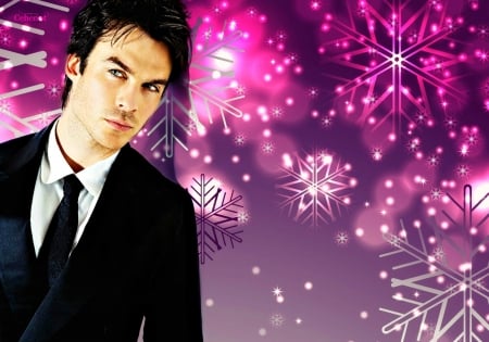 Ian Somerhalder - actor, winter, snowflakes, pink, man, christmas, black, craciun, Ian Somerhalder, luminos