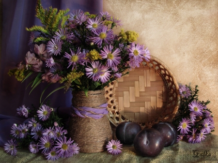 Still life - still ife, flower, purple, plums