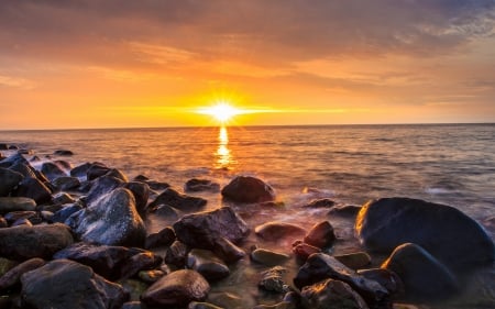 Coastal Sunset - sky, rocks, reflection, sea, sun