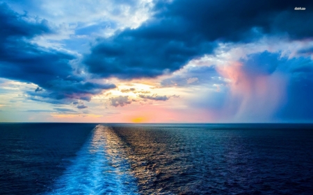 boat trail in the ocean - water, sky, ocean, cloud