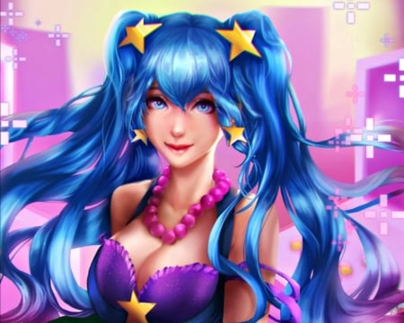 Sona - pink, ka-ho, game, sona, girl, blue, art, fantasy, league of legends