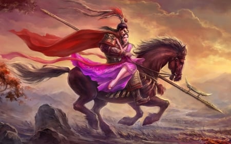 Fantasy couple - red, horse, pink, fantays, girl, knight, art, armor, asian, couple, samurai, man