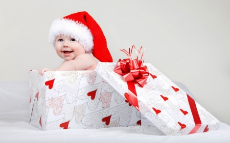 Surprise! - hat, copil, baby, child, christmas, santa, white, craciun, funny, red, cute, box, gift