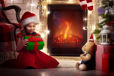 The moment! - hat, girl, copil, toy, child, christmas, santa, craciun, fire, red, green, teddy bear, cute