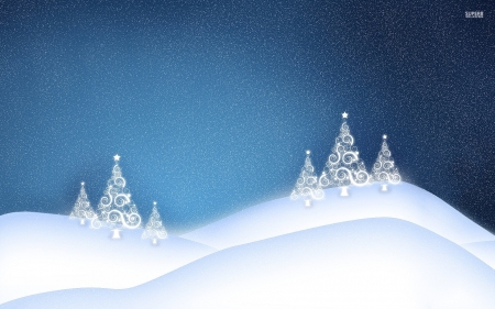 white glowing christmas tree on the snowy hills - white, glowing, hills, the, tree, on, christmas, snow