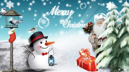 merry christmas - santa, snowman, snow, gift, tree