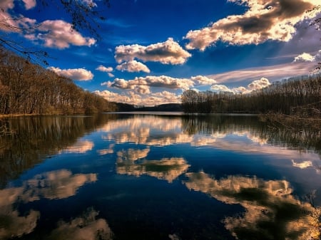 Lake Reflection - lake, forest, reflection, clouds, nature