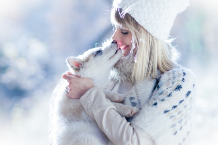 ღ❤ღ - winter, beautiful, girl, snow, dog, friends, love