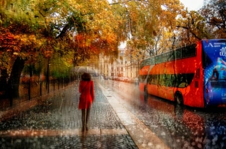 Walkin' In The Rain - street, umbrella, woman, autumn, bus, city, leaves