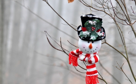 Snowman - branch, snowman, winter, christmas, black, craciun, red, figurine, card