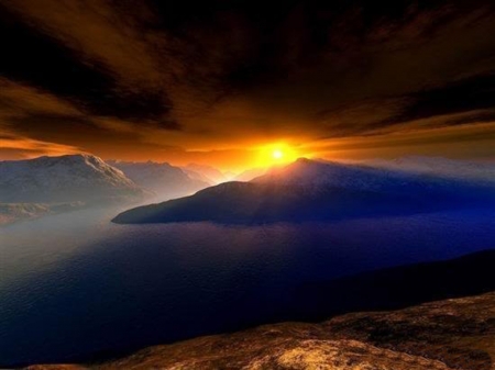 Sunset Over  the Mountain - mountains, landscape, clouds, sunset, nature