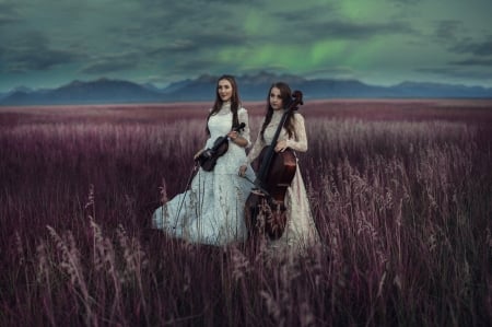 Field of Elegance - women, dresses, elegance, instruments, cellos, field