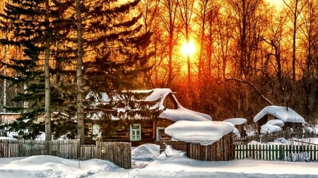 Winter houses - nature, fence, houses, trees, rays of light, snow, winter, snowy