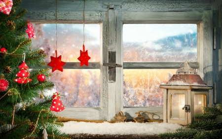 Happy Holidays - holidays, window, lantern, snow, christmas