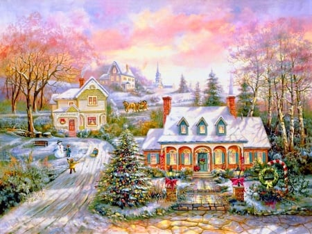 Holiday magic - winter, beautiful, snowman, christmas, art, mood, decoration, holiday, magic, house, tree, painting, snow