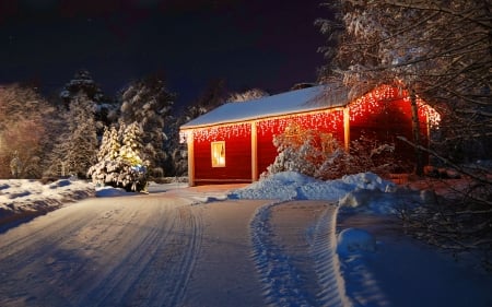 Christmas house - winter, path, christmas, evening, red, snow, holiday, house, lights