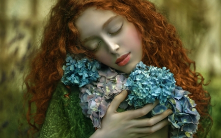 Love to nature - woman, agnieszka lorek, redhead, girl, ophidia, model, blue, green, flower, love to nature