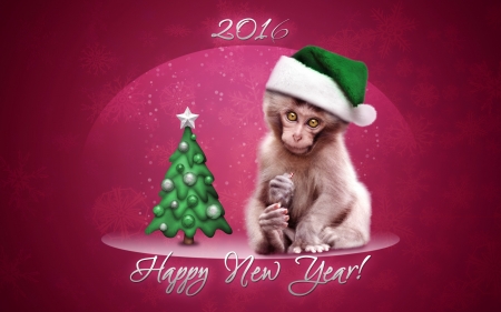 Happy New Year! - hat, chinese, pink, monkey, tree, christmas, santa, 2016, white, animal, craciun, green, card, zodiac