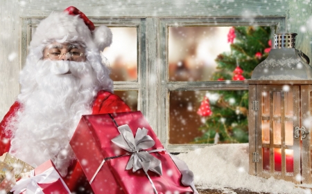 Santa Claus - christmas, white, craciun, red, green, window, tree, santa claus