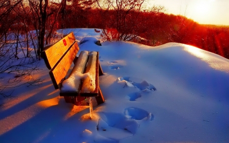 Winter sun - glow, winter, beautiful, snow, bench, sun, rest