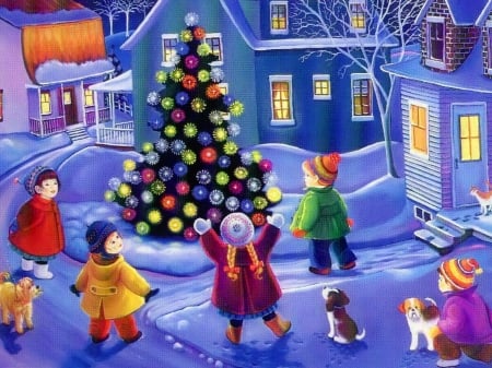 Winter joy - fun, houses, joy, winter, kids, christmas, village, children, play, holiday, tree