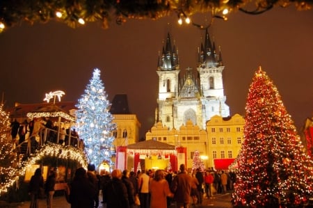 Christmas Market In Prague - christmas tree, people, church, lights