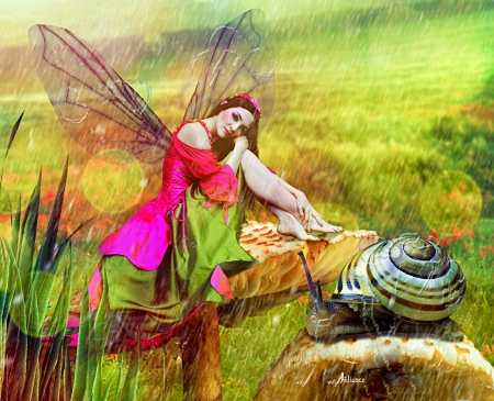 Fairy and Snail - digital, pretty, beautiful, girl, art, fantasy, nice, snail, fairy, female, woman, colorful