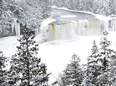 Frozen Waterfall - firs, ice, landscape, snow, river, winter