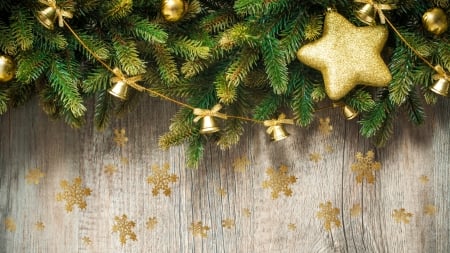 Touches of Gold and Green - snowflakes, fir, gold, rustic, stars, bell, wooden, green, New Year, Christmas