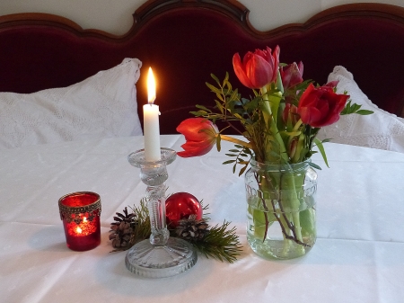 Christmas Table - cloth, candle, pillows, tulips, sofa, table, christmas-bulbs