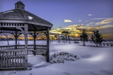 Winter Park - clouds, trees, winter, nature, benches, snow, park