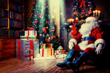 Santa's home - winter, decoration, gifts, magic, beautiful, books, home, rest, tree, christmas, santa, holiday, lights