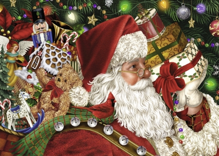 Santa at Work - christmas, gifts, decoration, teddybear, painting, artwork