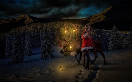 Christmas Eve - woman, craciun, girl, light, night, fantasy, creative, christmas, model, santa, reindeer, red, animal