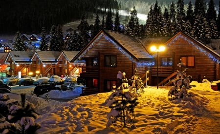 Christmas night - evening, landscape, snow, night, mountain, happy, holiday, frost, house, trees, winter, decoration, beautiful, christmas, lights, new year, chalet