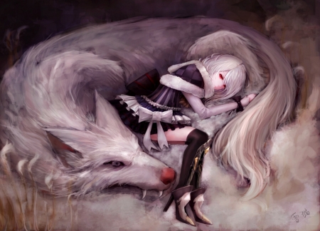 Safe - girl, fantasy, original, white, fox, art, anime, animal, yukineko, manga