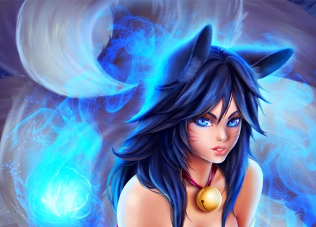 Ahri - woman, girl, magical, fantasy, fox, game, blue, league of legends, luminos, nine tails, ahri, prywinko