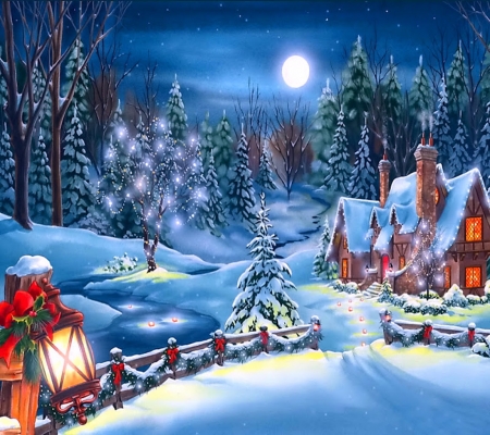 Winter Wonderland - night, winter, stars, tree, moon, snow, christmas, cottage, lantern, bow