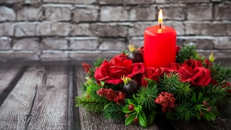 Christmas Centerpiece - red candle, stone, fir, bricks, green, berries, red roses